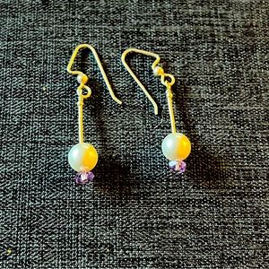 Handmade “pearl” and purple bead earrings